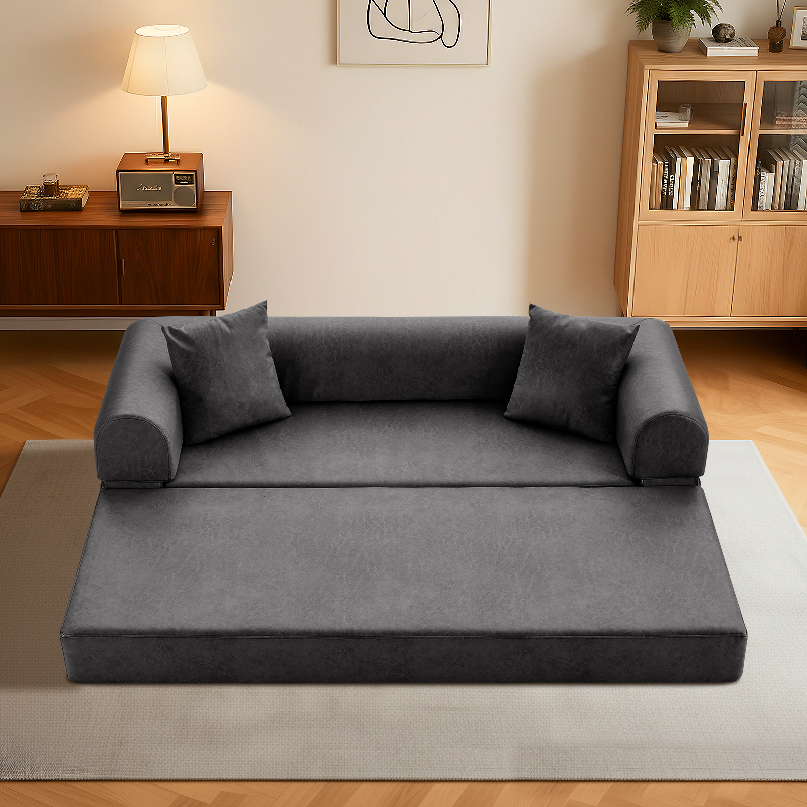 4-in-1 Folding Convertible Sofa Bed, 78 Inch Oversized Faux Leather Boneless Couch, Loveseat Sleeper with Pull Out Bed, Floor Sofa Modular Futon Teddy Sofa for Living Room Bedroom Lounge, Gray