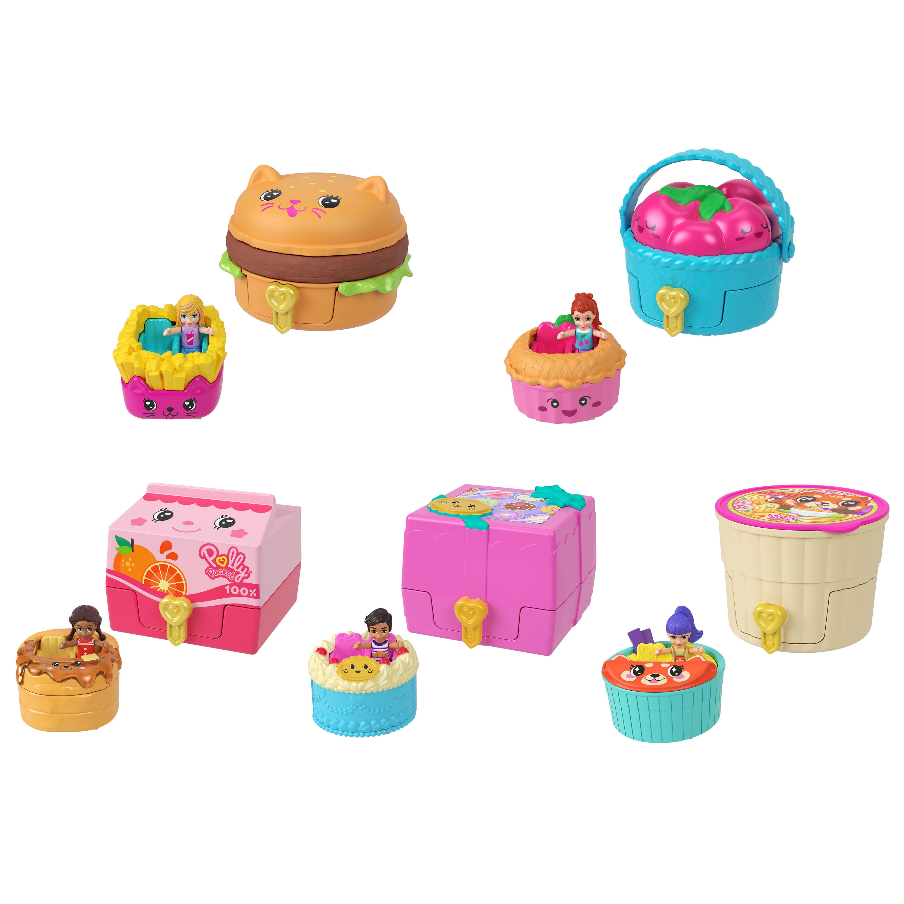 Polly Pocket Tiny Take Out Reveal Assortment, Micro Dolls & Compacts with Toy Cars, Food Theme Vehicle Collection, Ages 4Y+