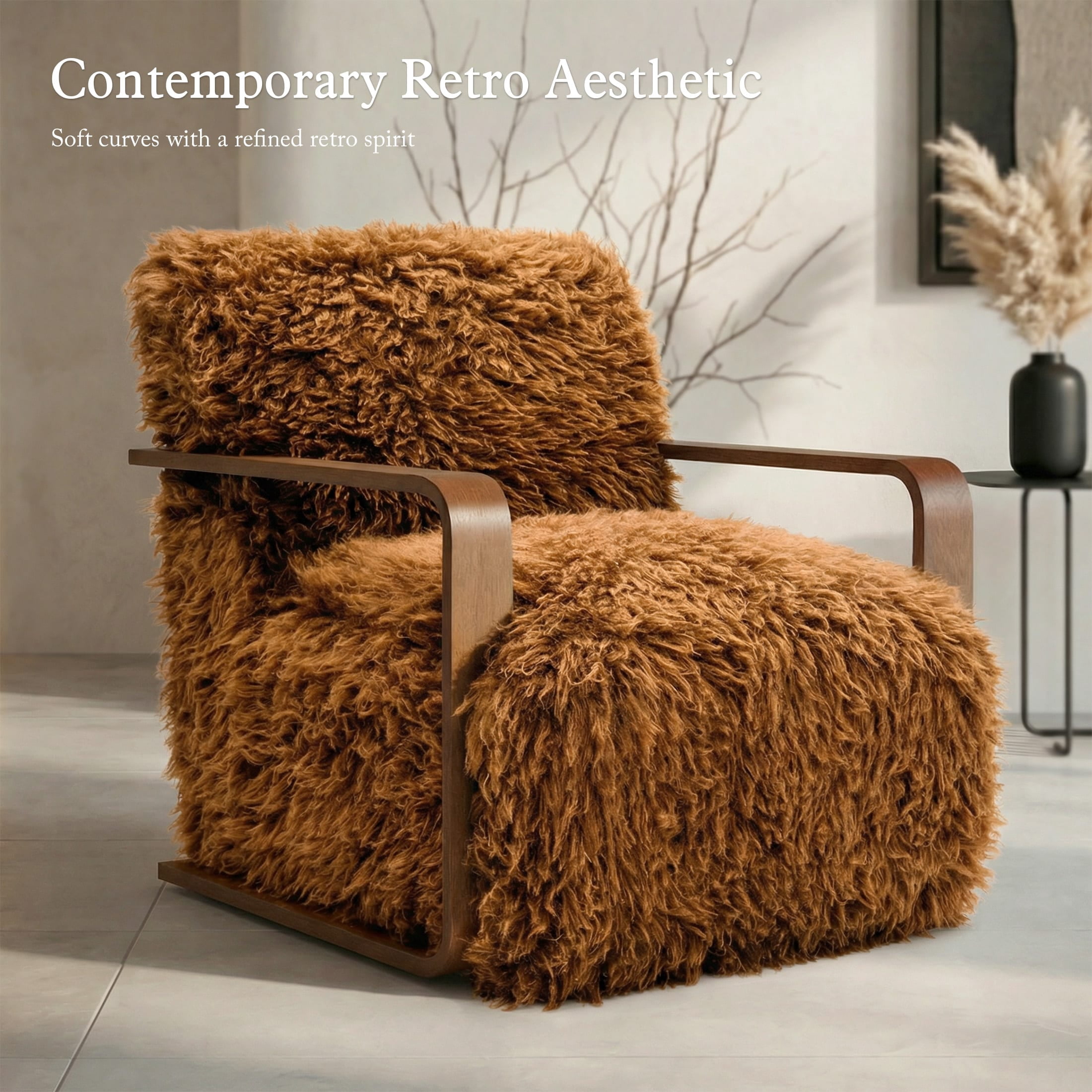 Aenkyo Yeti Contemporary Faux Fur Accent Chair with Dark Walnut Wood Arms, Orange