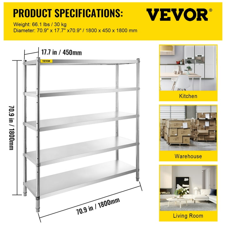 VEVOR Storage Shelf, 5-Tier Storage Shelving Unit, Stainless Steel Garage  Shelf, 47.2 x 17.7 x 70.9 inch Heavy Duty Storage Shelving, 661 Lbs Total