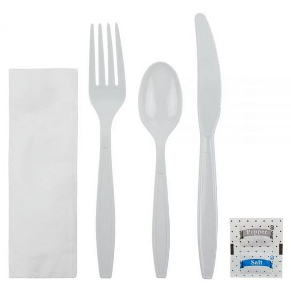 Karat White Heavy-Weight Plastic Cutlery Kit, Case 250 kits, 10.55 lbs