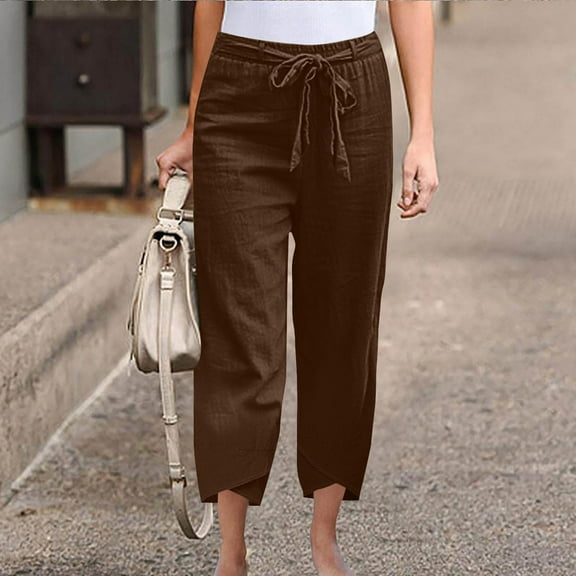 Women Pants on Under $5! Cagogo Womens Cotton Linen Palazzo Pants Drawstring Elastic Waist Casual Wide Leg Trousers Summer Beach Lounge Pants with Pockets