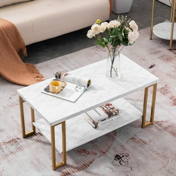Ktaxon 2-Tier Coffee Table, Faux Marble Top with Gold Metal Frame, Rectangular Tea Table for Living Room, Office, Balcony, White