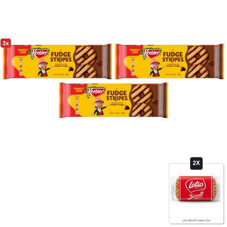 3x | Keebler Fudge Stripes Original Cookies Family Size 17.3 Oz. & 2x Lotus Biscoff Cookies 0.2oz