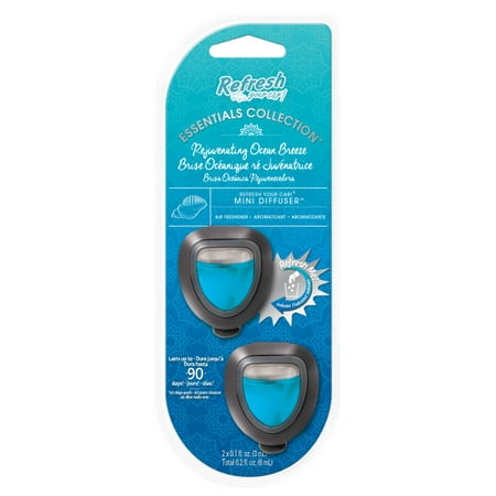 Refresh Your Car Odor Eliminating Mini Diffuser, Essential Oil, Rejuvinating Ocean Breeze Scent, 2pk