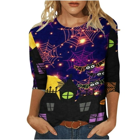 

Juebong Womens 3/4 Sleeve Sweatshirts Oversize Pullover Relaxed Fit Halloween Print V Neck Half Sleeve Tunic Tops Dresses with Pocket for Beach Vacation Party Club Night