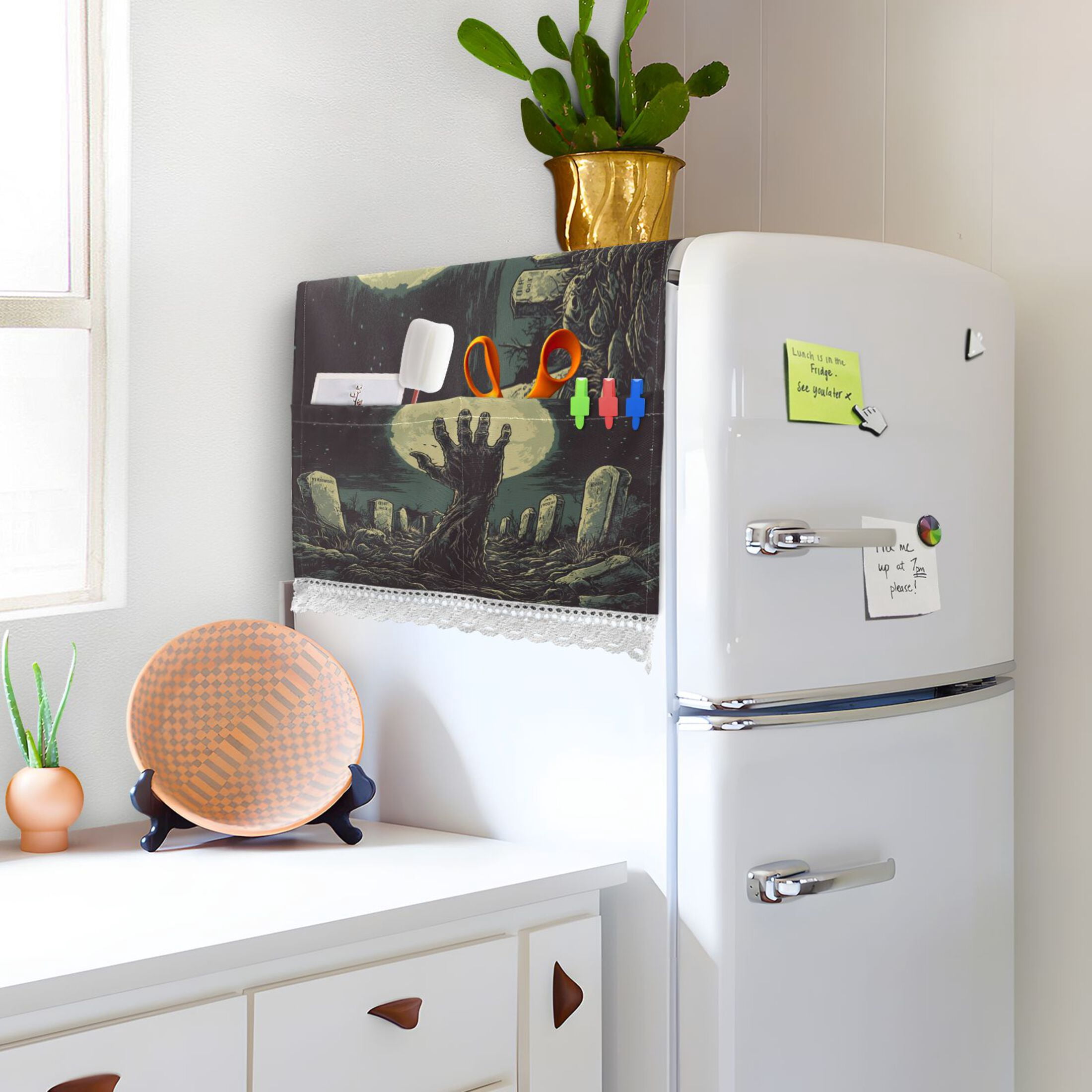 The Graveyard Of HorrorsWasher and Dryer Covers Dust-Proof and Oil Resistant Fridge Cover with 4 Storage Pockets Washing Machine Top Cover for Laundry Kitchen Home 51.2 x 22 In