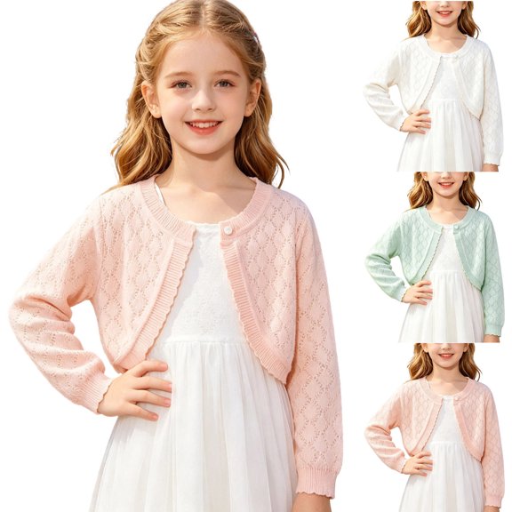 Pretxorve Kids Girls Jacket Solid Hollow Out Button Front Long Sleeve Sun Protection Outerwear Sizes 6M-9Y