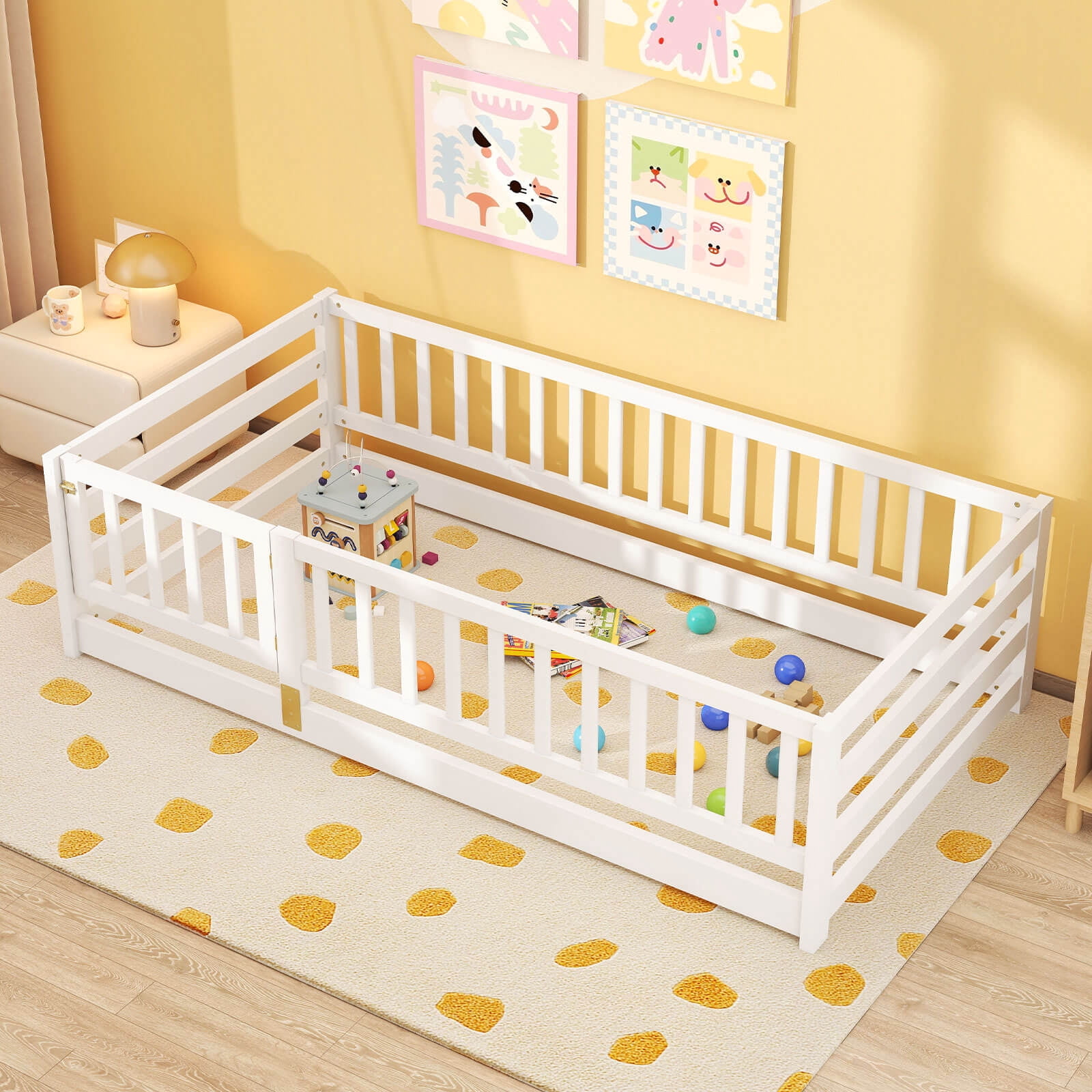 Infans Twin Size Floor Bed w/High Fence & Door Safety Guardrails Wood Floor Bed Frame