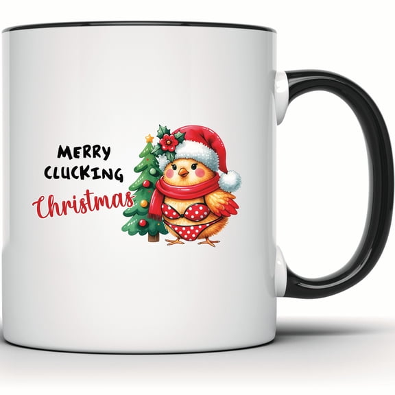 Merry Clucking Christmas Mug - Funny Chicken Holiday Mug - Cute Festive Animal Mug - Christmas Tree Design - Holiday Coffee Cup Gift - 11 Ounce Black Rim Handle Novelty Coffee Cup - WMUG0993-BLK