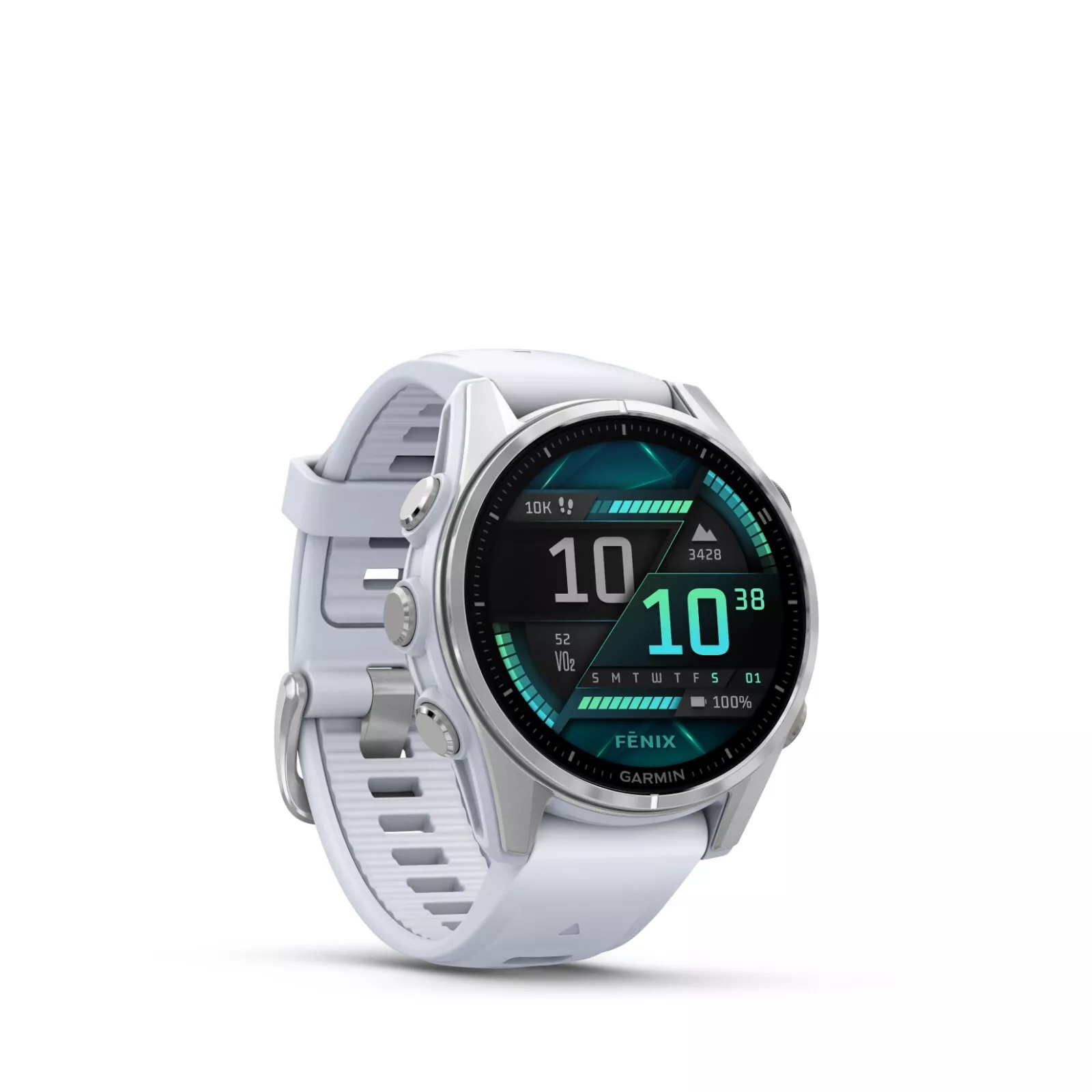 Garmin Fenix 8 43 mm, AMOLED Multisport GPS Smartwatch, Silver with Whitestone Silicone Band, Built-in LED Flashlight with White EarBuds