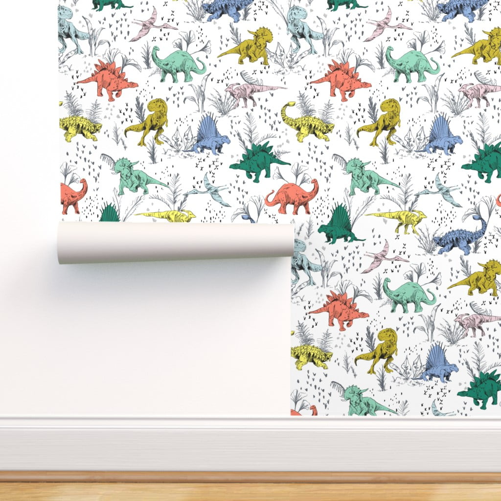 Removable Water-Activated Wallpaper Dinosaur Toile Kids Fantasy Adventure Dino 