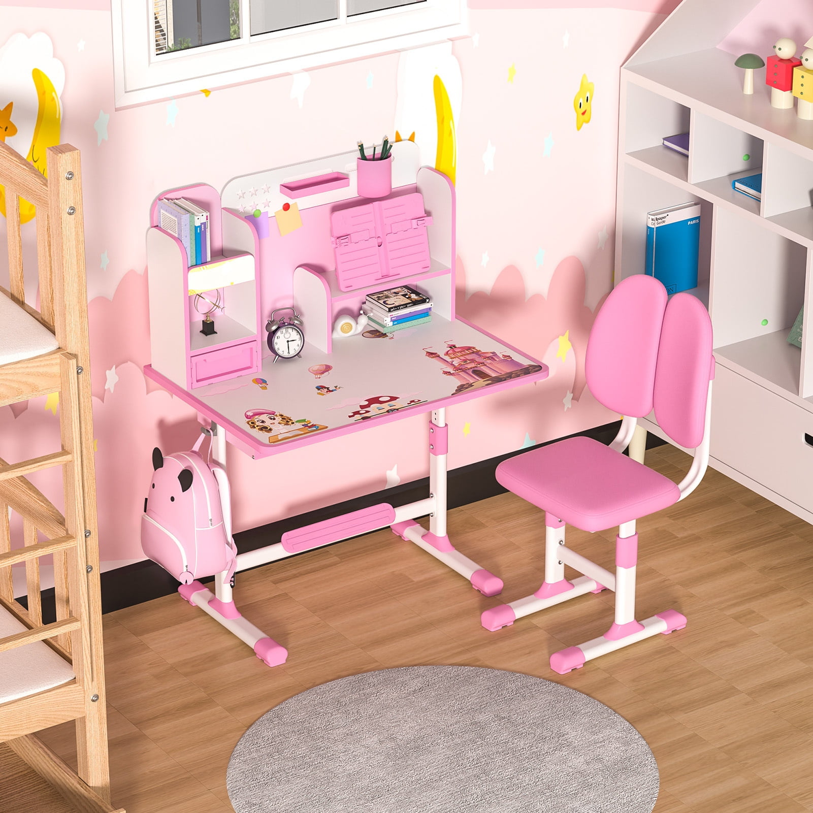 StarBay 2Pcs/Set Pink Height Adjustable Children School Study Table Chair Set, Widened Desktop