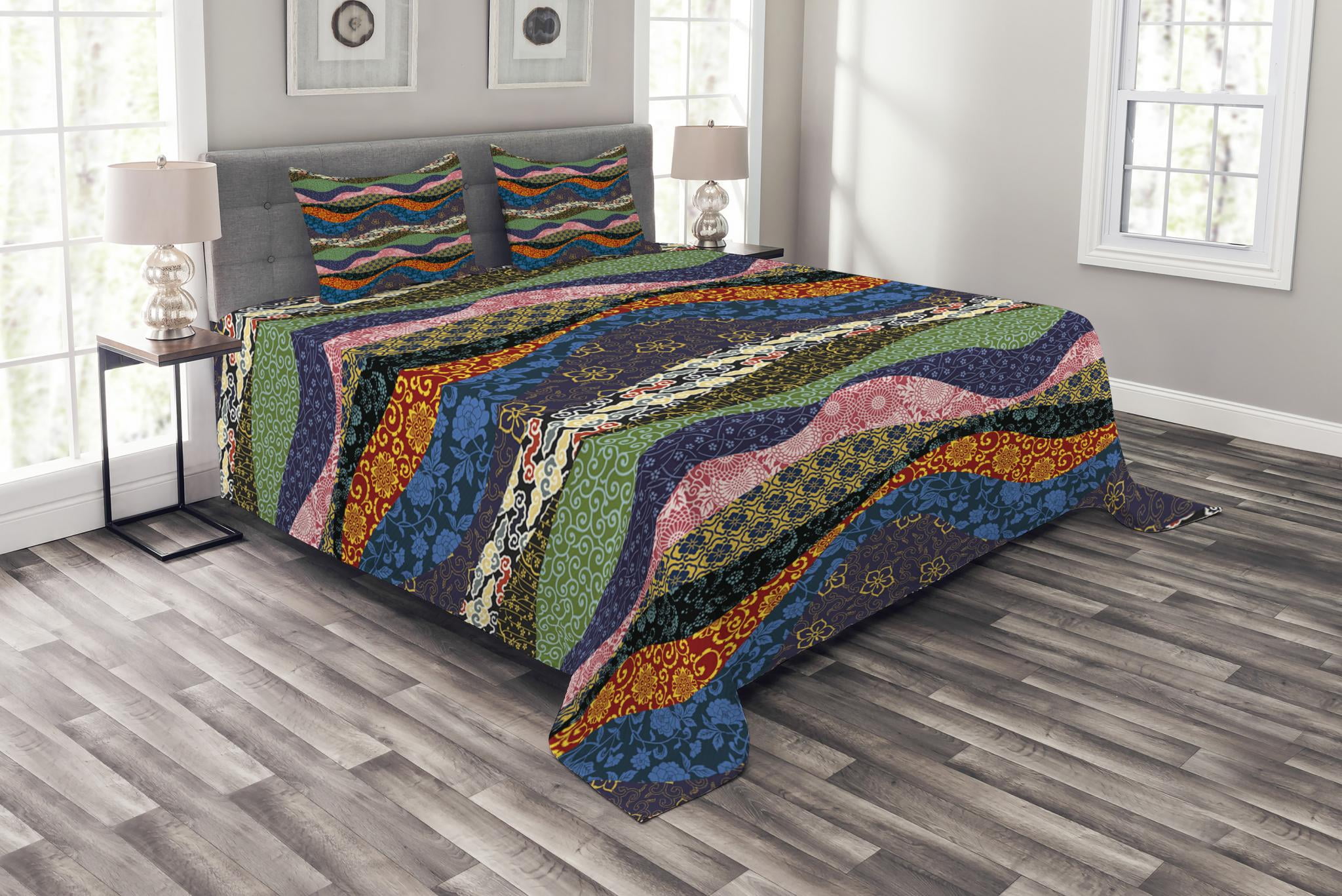 Asian Bedspread Set, Asian Far Eastern Patchwork with Flowers Floral