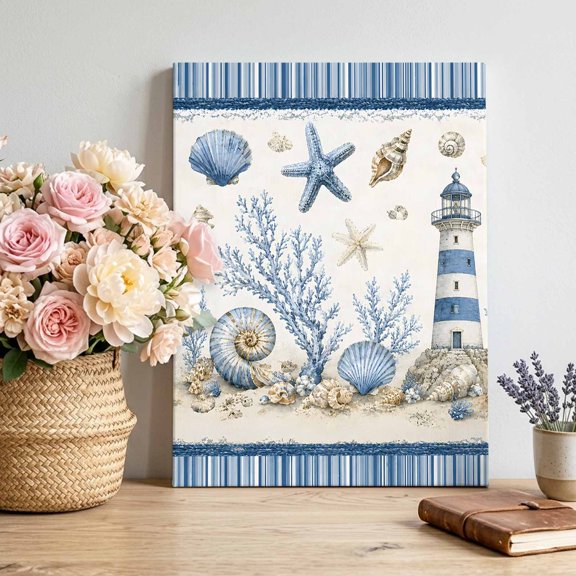 Canvas Wall Art Summer Ocean Canvas Art Print Nautical Blue Lighthouse Starfish Sea Shells Coral Stripes Pictures Wall Decor for Living Room Bedroom Artwork Decorations Framed Ready to Hang 12"x18"