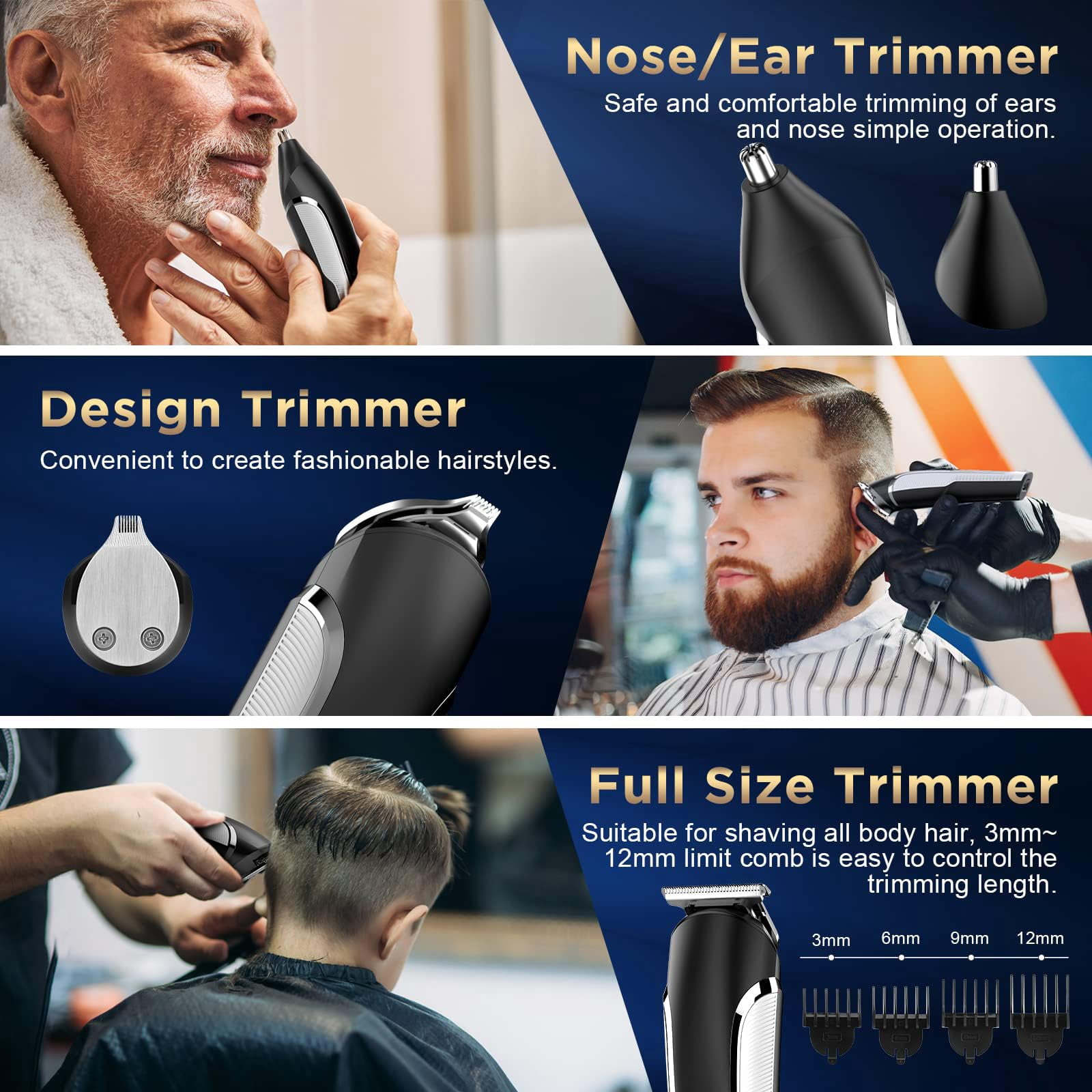 YOOVEE Men's All-in-One Grooming Kit, Beard Trimmer, Hair Clippers, Nose & Ear Razor, Detail Trimmer, IPX6 Waterproof Cordless Clipper with 4 Limit Combs