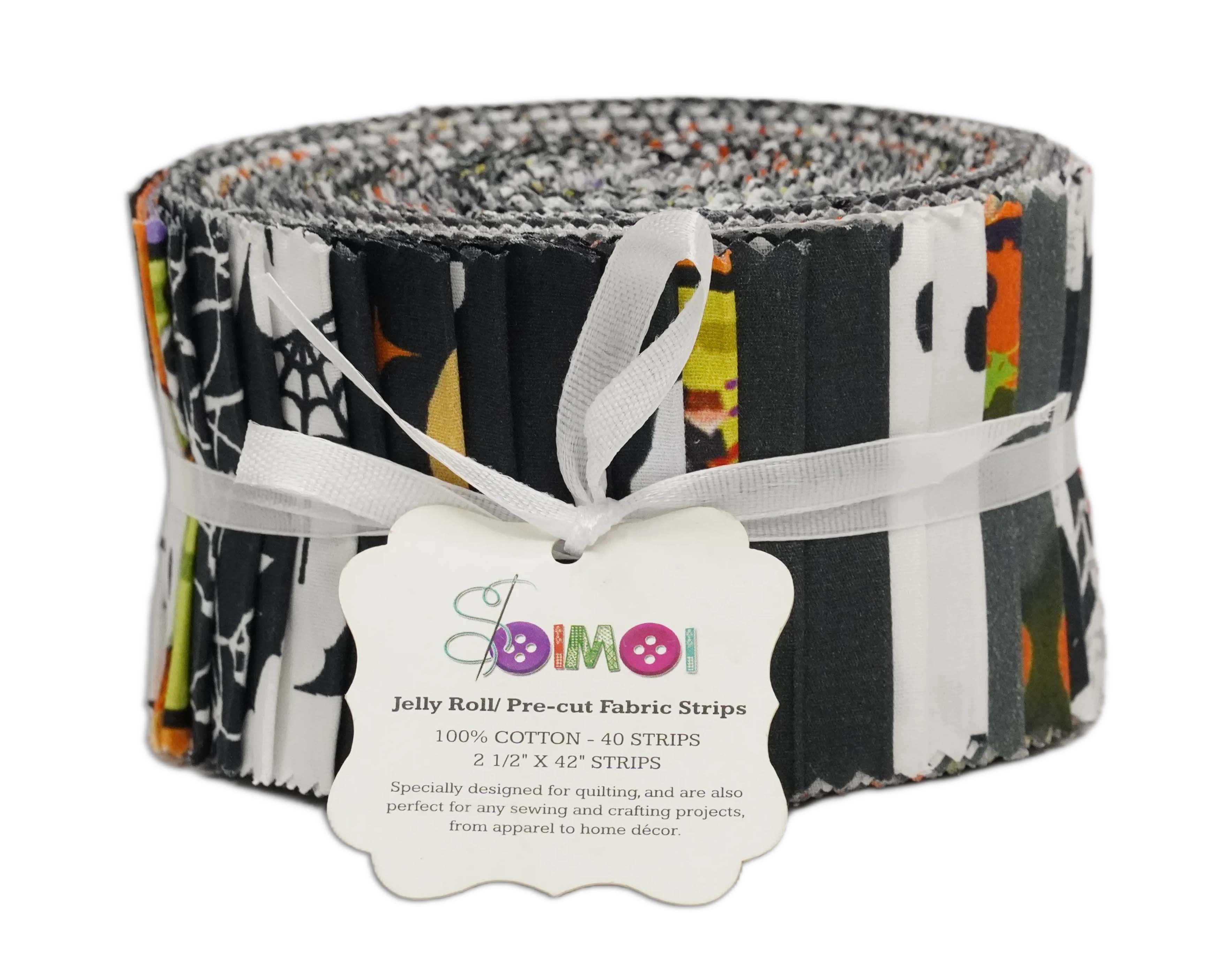 Soimoi 40Pcs Halloween Print Precut Fabrics Strips Roll Up 2.5x42inches Cotton Jelly Rolls for Quilting