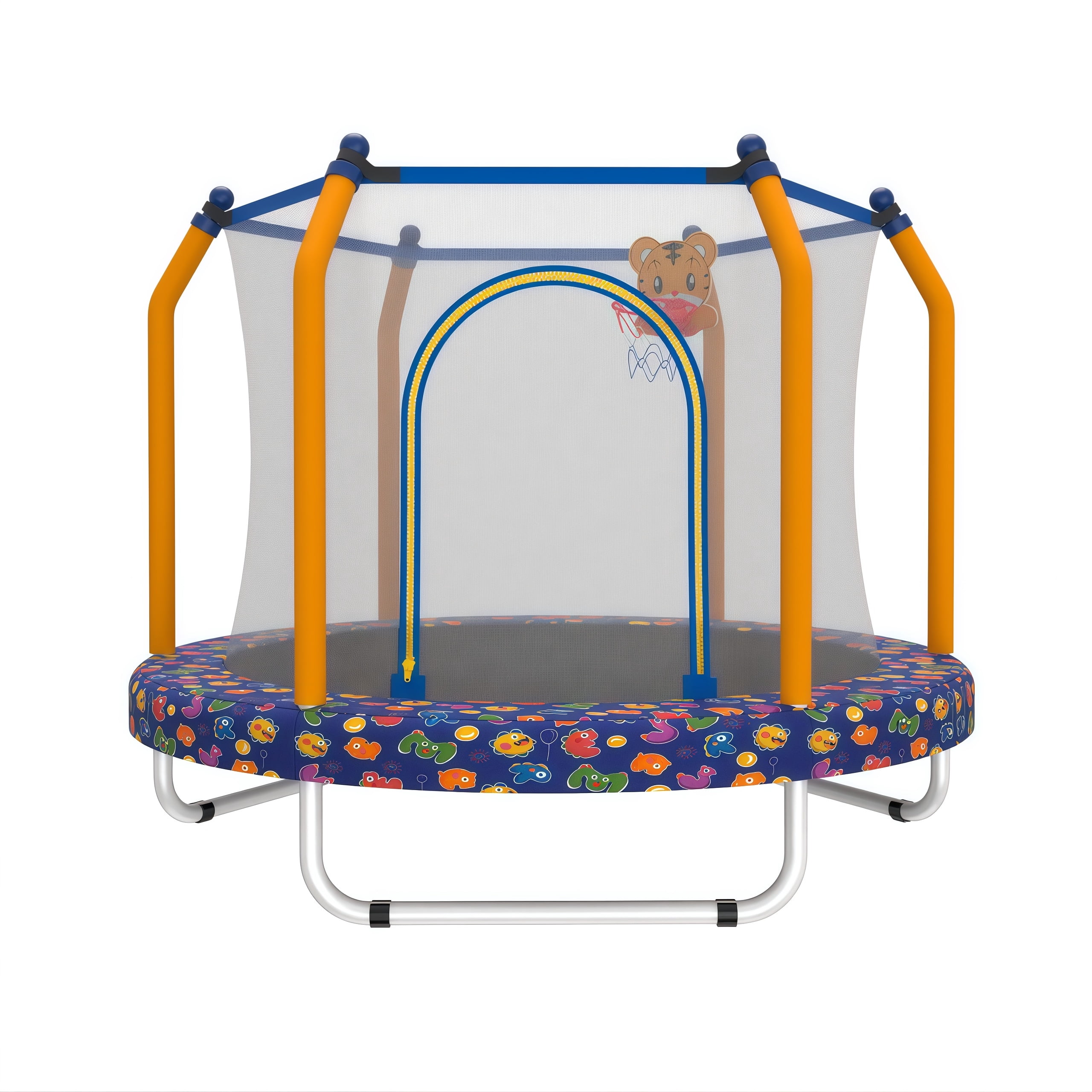 55 inch Round Kids Trampoline, Bouncing Trampoline with Safety Enclosure Net, Basketball Hoop, Capacity for Indoor & Outdoor Small Toddler Trampoline,Blue Marine