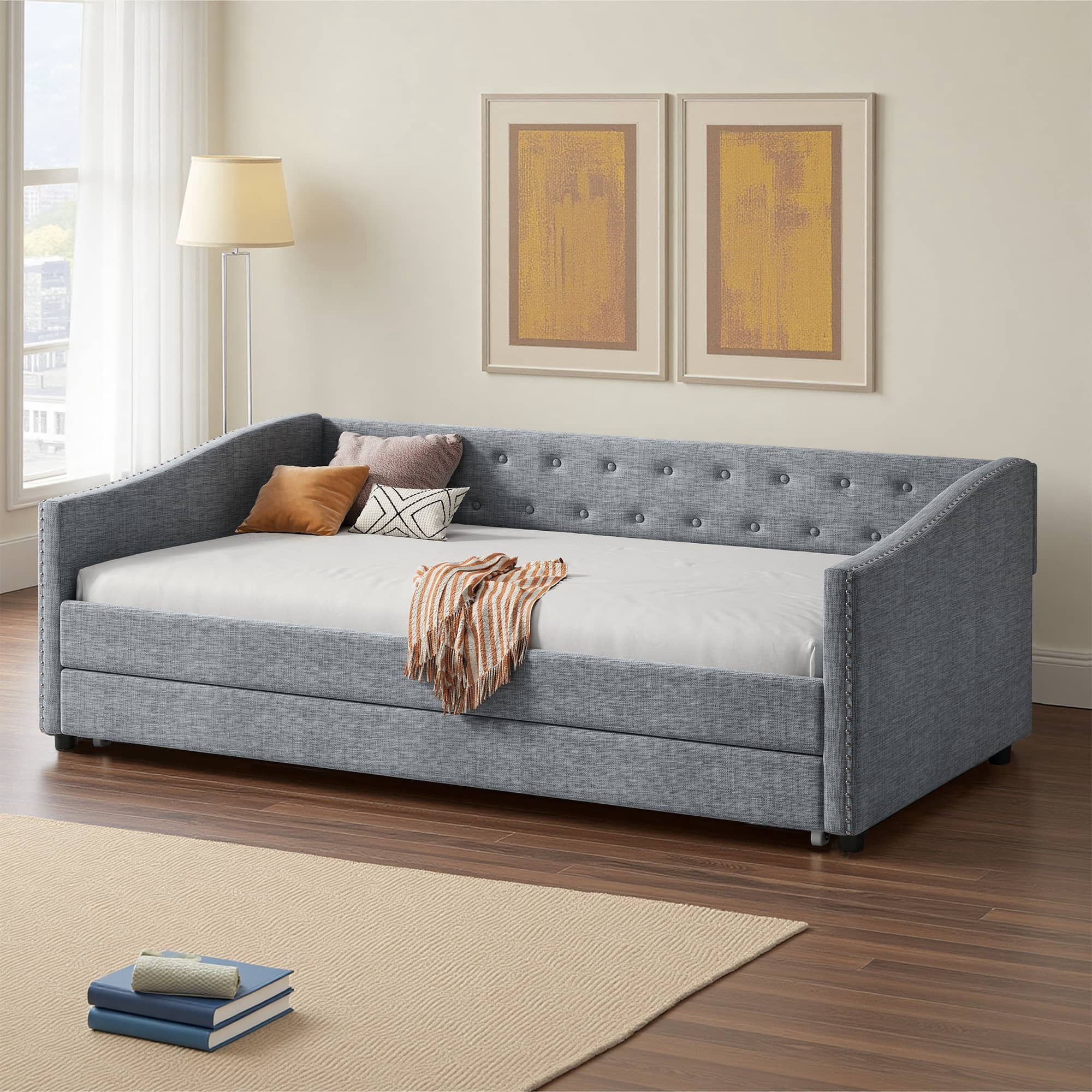 MAYEERTY Twin Size Upholstered Tufted Sofa Bed with Drawers, Light Grey