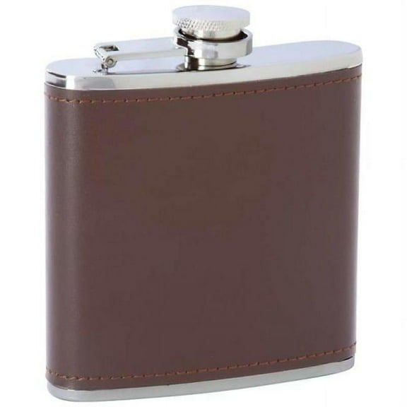 Maxam 6oz Stainless Steel Flask with Brown Genuine Leather Wrap