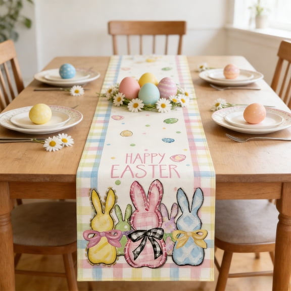FEOLGEHLY 72x13in Easter Bunny Egg Table Runner, Linen Look Washable Fabric for Dining Kitchen Table, Spring Holiday Home Decor for Party Dinner, Reusable Festive Table Cover, Easter Decorations