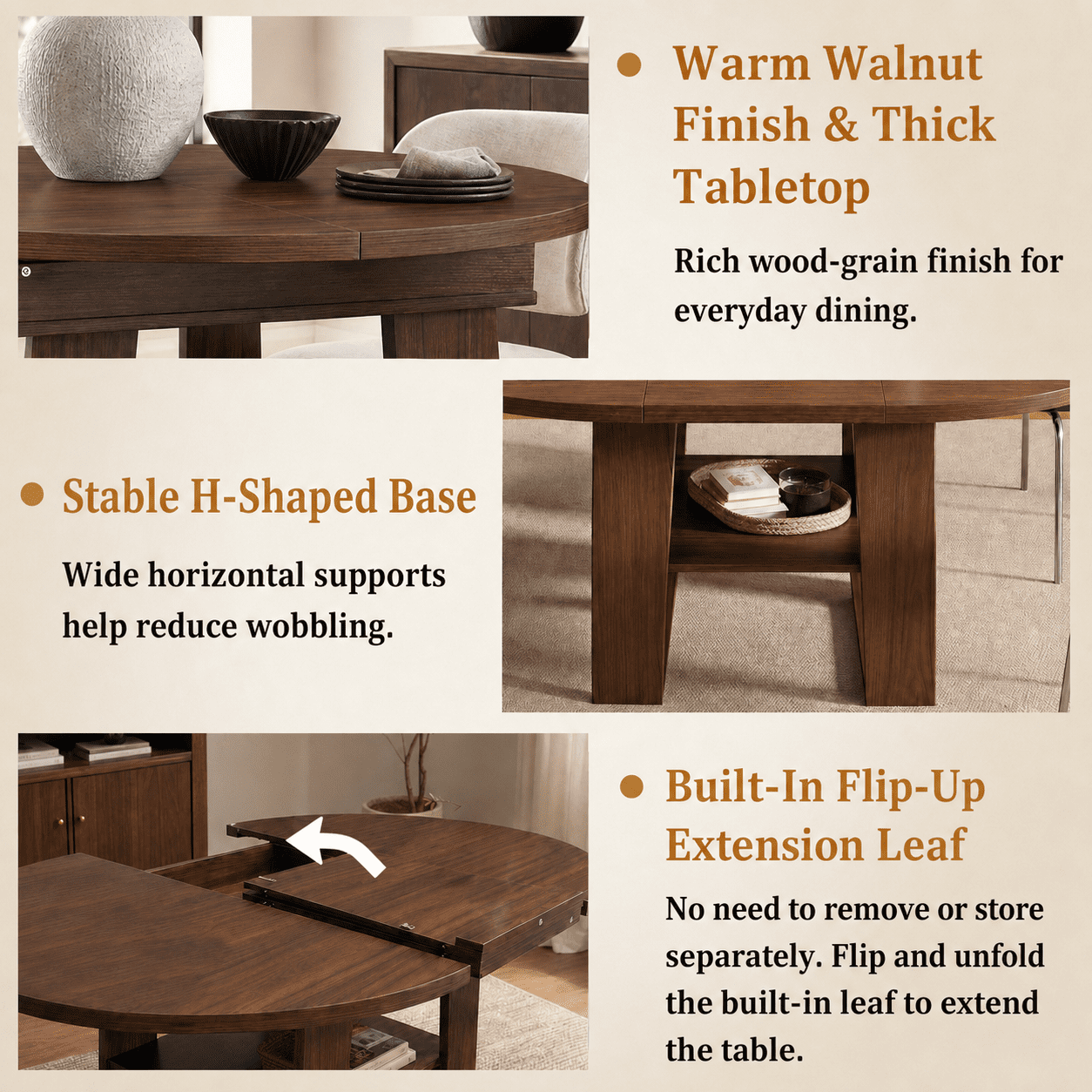 Extendable Round Dining Table 43.3-59 Inch, Round to Oval Kitchen Table with Flip Up Extension Leaf and Storage Shelf, Walnut