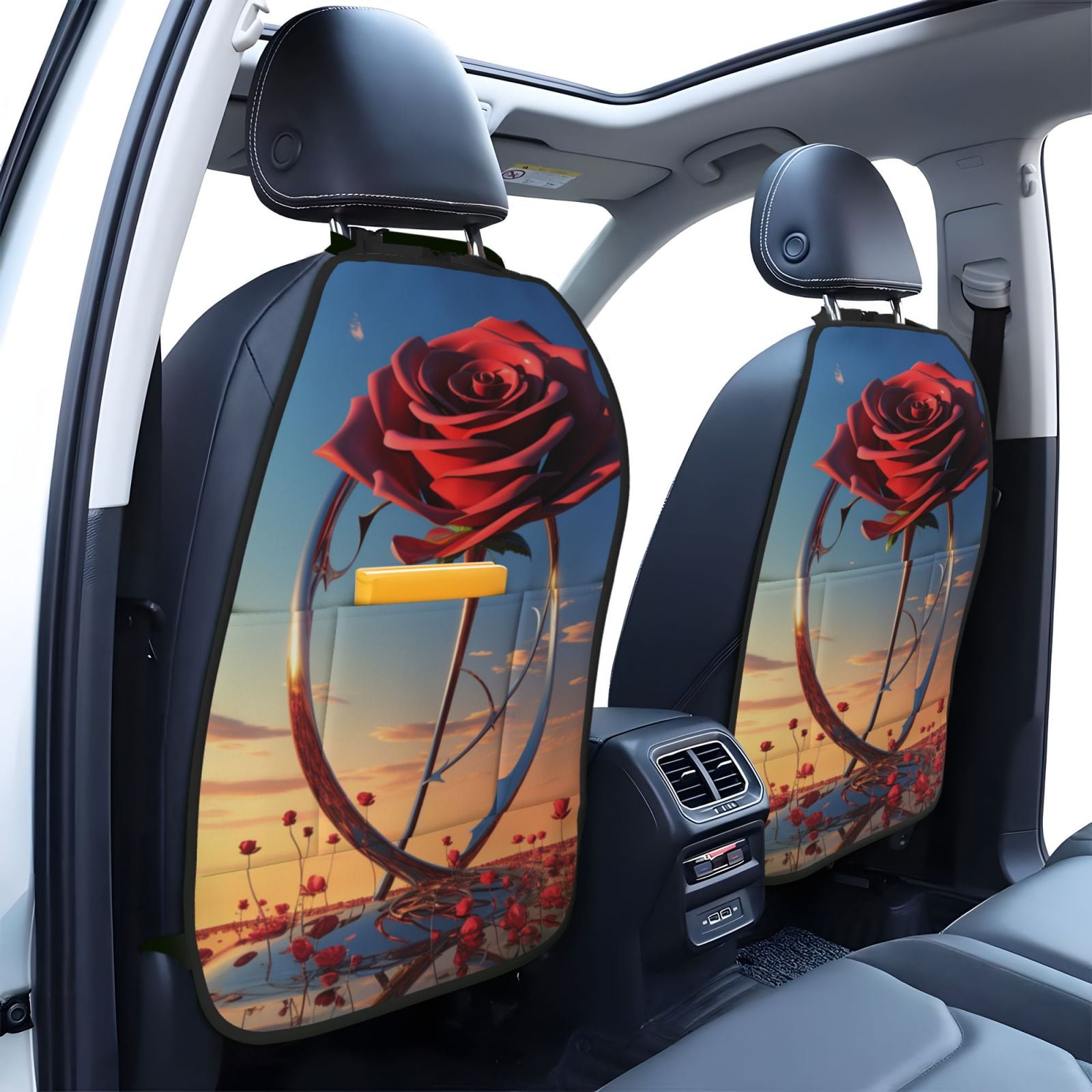 Xecao Sunset Rose Elegance Pattern Car Seat Back Protector 2 Pack Large Capacity Pocket, Kick Mats Back Seat Protector