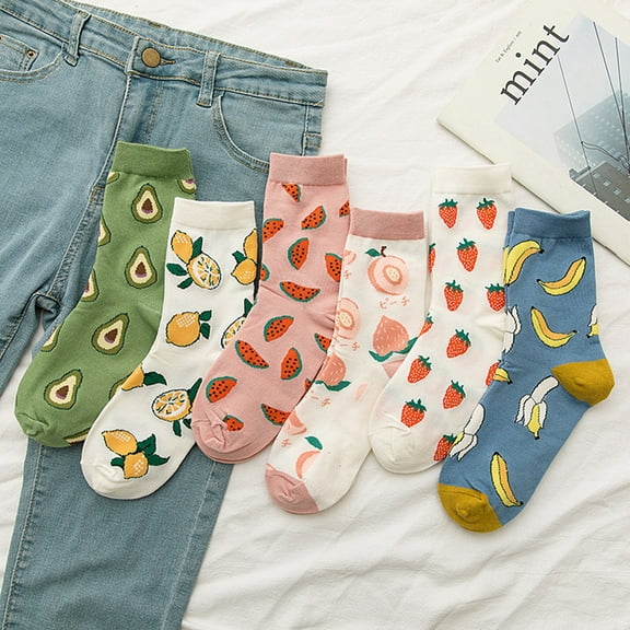 Women's Fruit-themed Novelty Socks - Fun, Funky, and Cute Cotton Middle Tube Socks (3/6 Pairs)