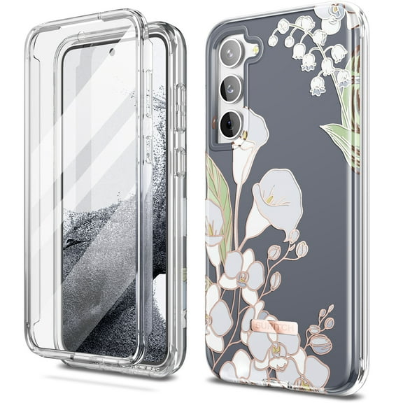 Suritch Cell Phone Case for Samsung Galaxy S23 Plus with Built-in Screen Protector and Dual-Layer Protection, Rugged Full Body Shockproof Protective Cover, White Calla Lily