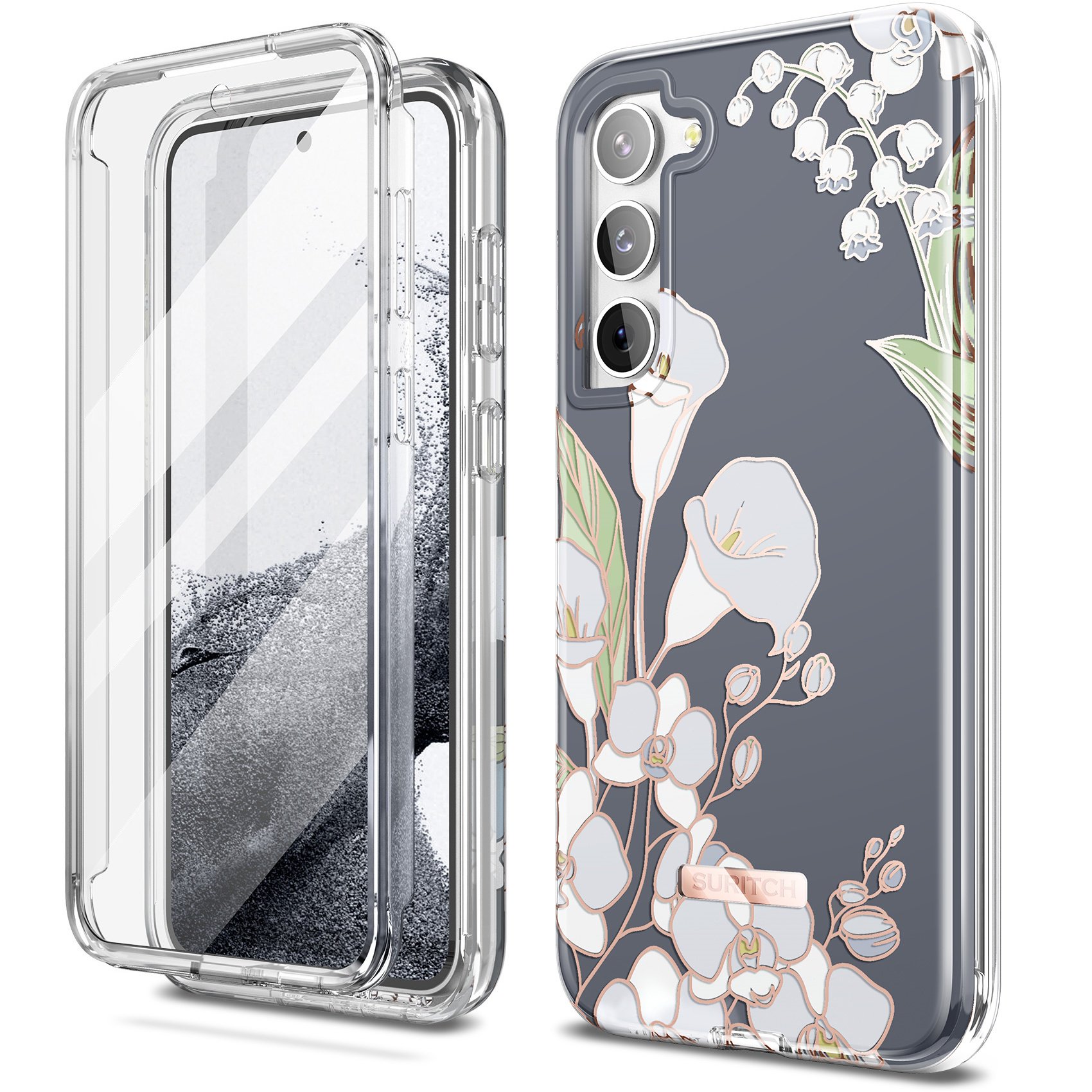 Suritch Cell Phone Case for Samsung Galaxy S23 Plus with Built-in Screen Protector and Dual-Layer Protection, Rugged Full Body Shockproof Protective Cover, White Calla Lily