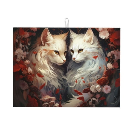 

Ocsxa Flower Cat Couple Dish Drying Mat for Kitchen Counter Coffee Bar Coffee Station Accessories Absorbent Coffee Mat Kitchen Drying Mat Easy Clean 18x24 Inch