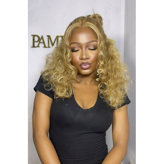 LUXLUXE Mariah Curly 16 Inch Long 7x4 Hand-Tied Lace Front Wig, Heat Resistant Fiber, 20  Shades of Natural, Dip Dyed, & Blended Colors (#P2763 - Blonde Blend)