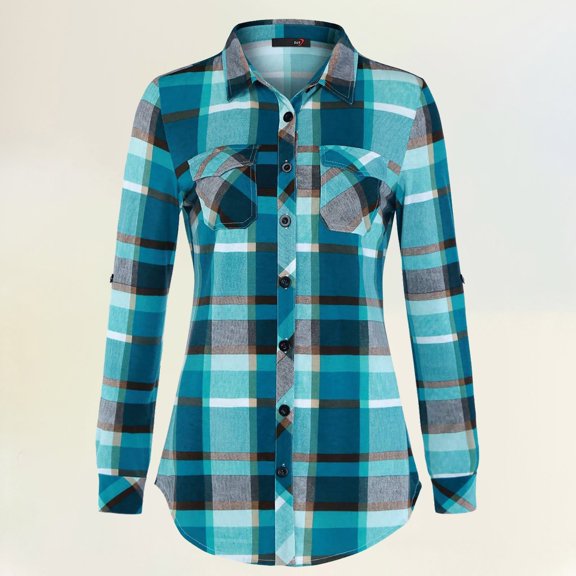 HOWPAY Plaid Shirts for Women Long Sleeve Button down Collared Classic Casual Blouses Tops Stretch Loose Fit Oversized Comfy Fall Outfits Sky Blue L