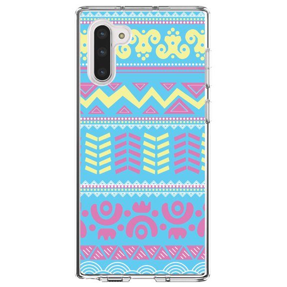DistinctInk Clear Shockproof Hybrid Case for Samsung Galaxy Note 10 (6.3" Screen) - TPU Bumper, Acrylic Back, Tempered Glass Screen Protector - Yellow Pink Blue Aztec Tribal