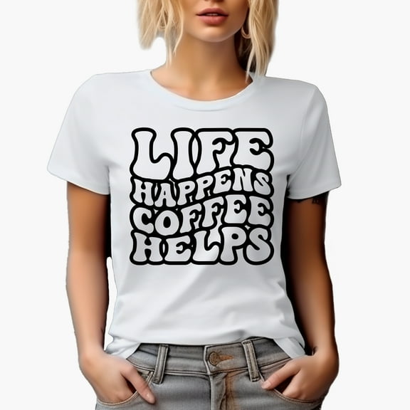 Life Happens Coffee Helps, Groovy Retro Wavy Text Merch Gift, White T-Shirt, Small