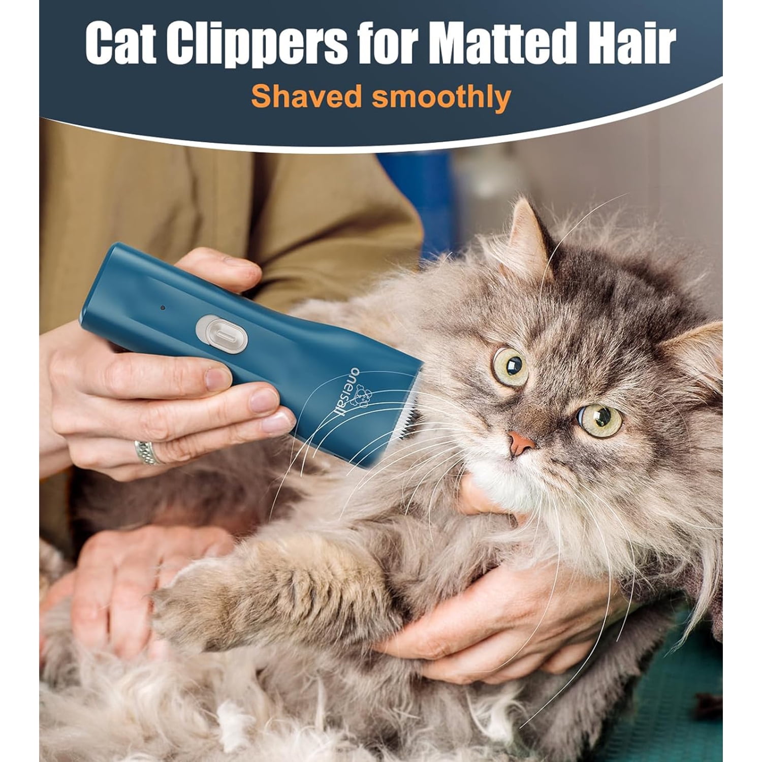 Oneisall LGL006 Cat Grooming Clippers, Cordless Quiet Cat Clippers for Cat Matted Hair, IPX7 Waterproof Small Pet Hair Clippers with 2 Guide Combs & Storage Bag, Pet Shaver for Grooming - Navy Blue