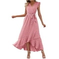 thumbnail image 2 of Sakmal Summer Dresses for Women 2024 Maxi V-Neck Pink Asymmetrical Solid Short Sleeve Opening Ruffle A-Line Dress, 2 of 6