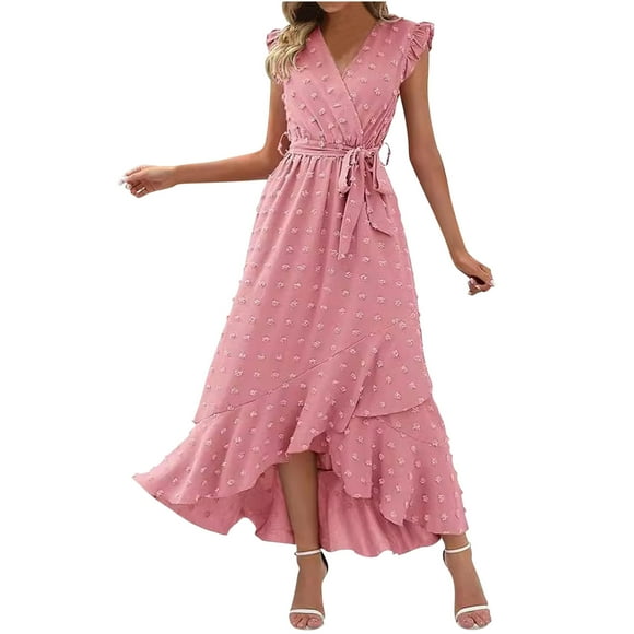 HVOBTTY Summer Casual Sleeveless Dresses for Women, Women's Casual Solid Color Embroidered Lace Cuffs-neck Dress Pink, L