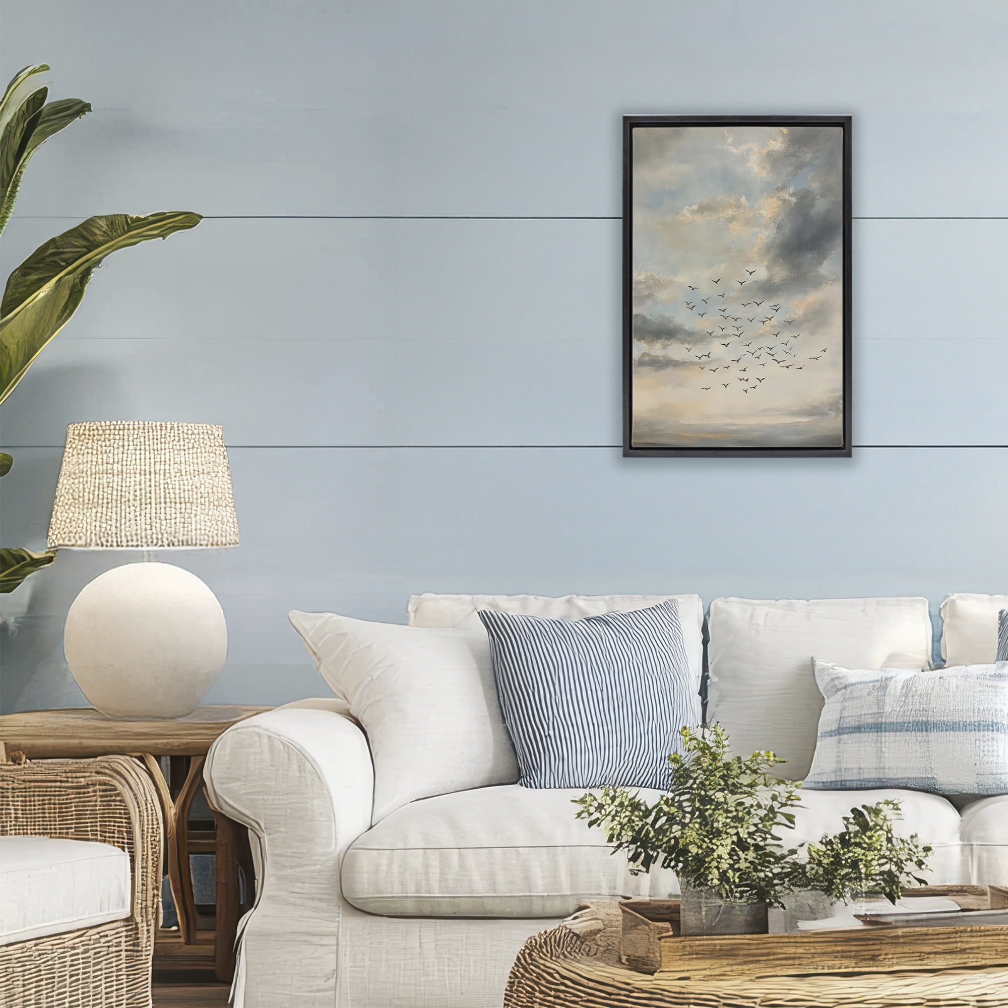 Stupell Industries Birds in the Clouds at Dusk Black Framed Floater Canvas Wall Art, design by Petal Prints Design