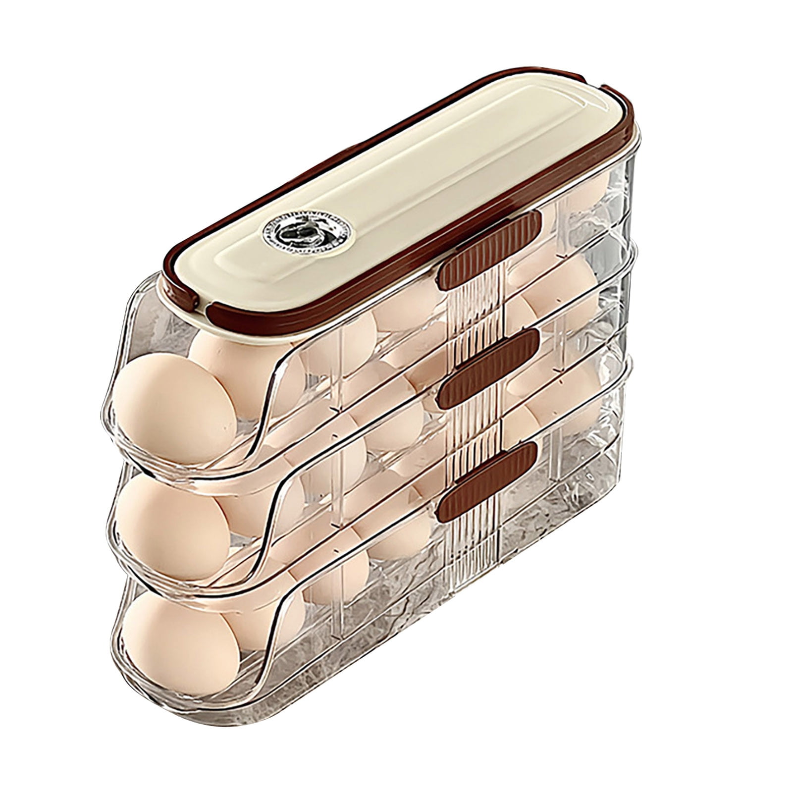sunsanly Automatic Rolling Egg Container Fridge Storage Box Food Grade BPA Free Transparent Stackable Fridge Organizer with Lid