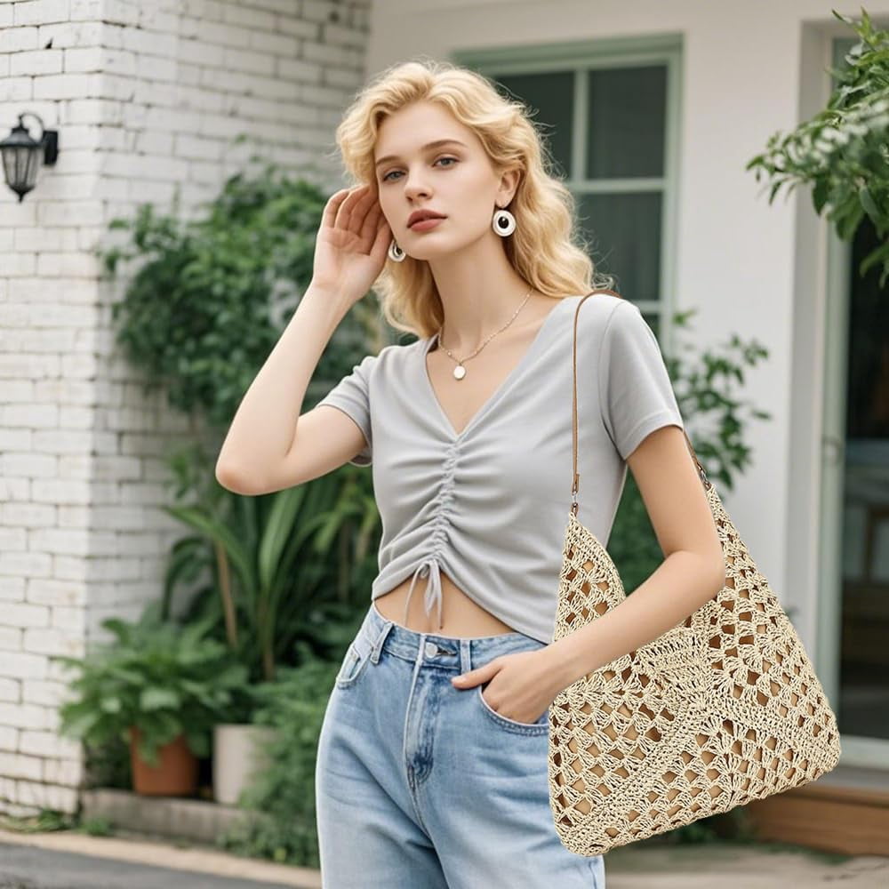 Omlopp Straw Beach Tote Bag for Women Raffia Crochet Purse Large Summer Hobo Woven Shoulder Handbag for Vacation