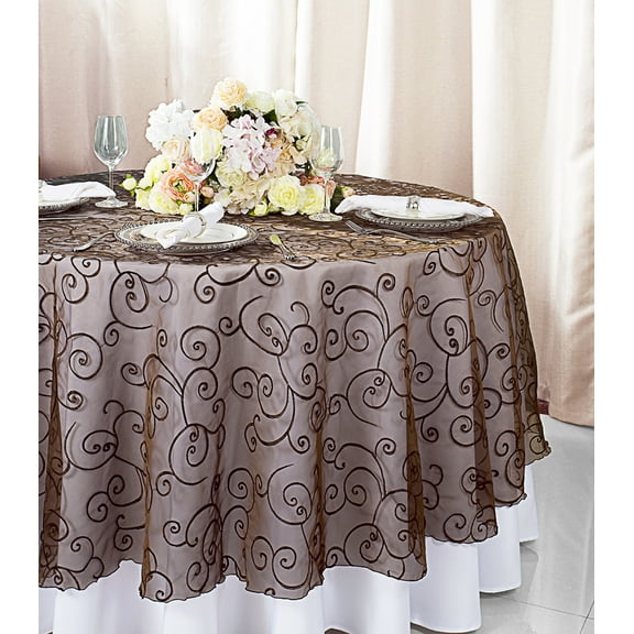 Wedding Linens Inc. 90" Round Embroidered Organza Table Overlay Toppers Tablecloth - Chocolate