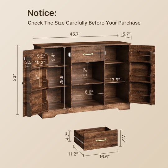 Coffee Bar, Aiho 45" Kitchen Storage Cabinet, Sideboard Buffet Cabinet with 14 Shelves, 1 Drawer - Brown