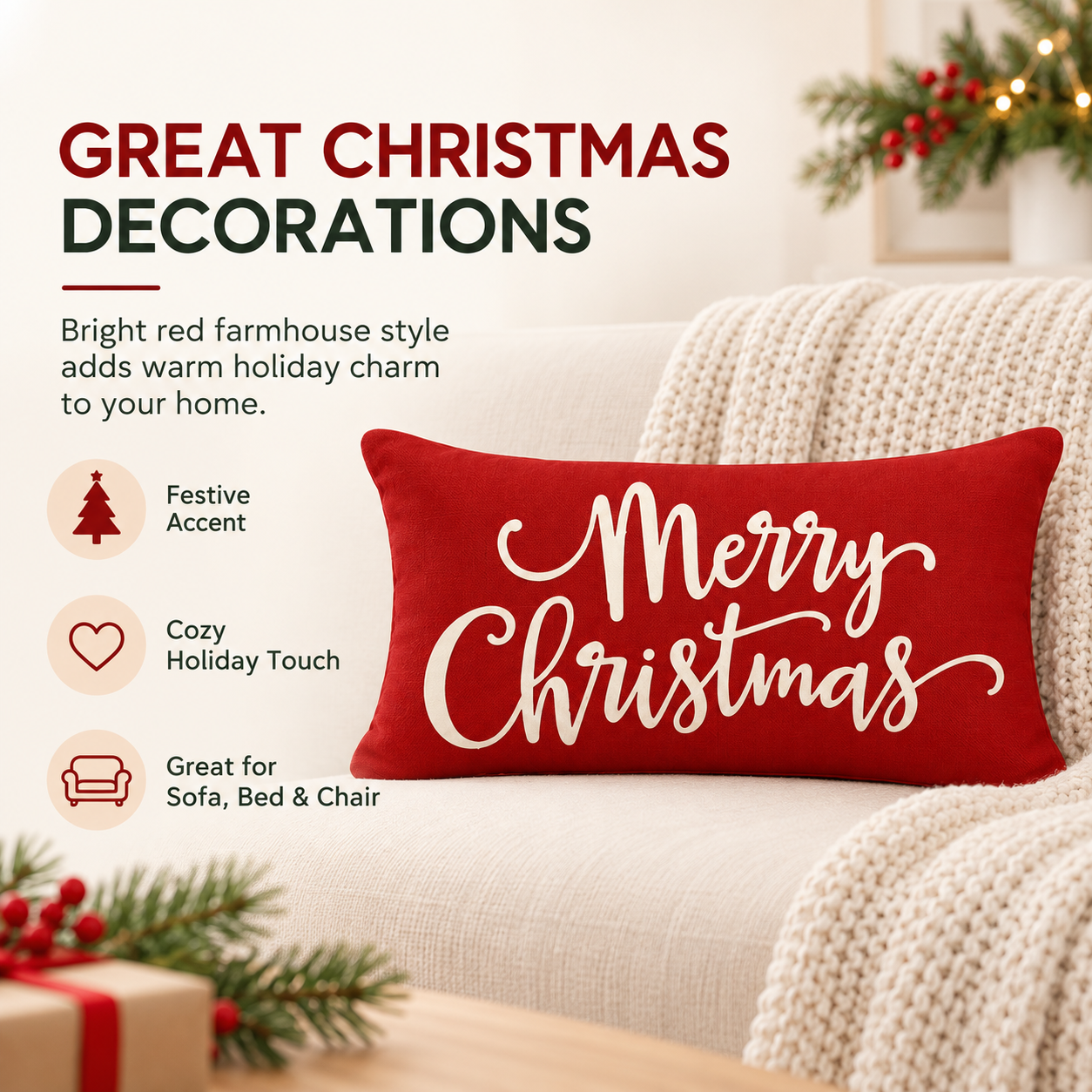 MetMetalrt Christmas Pillow Cover, 12" x 20", Red photo 2