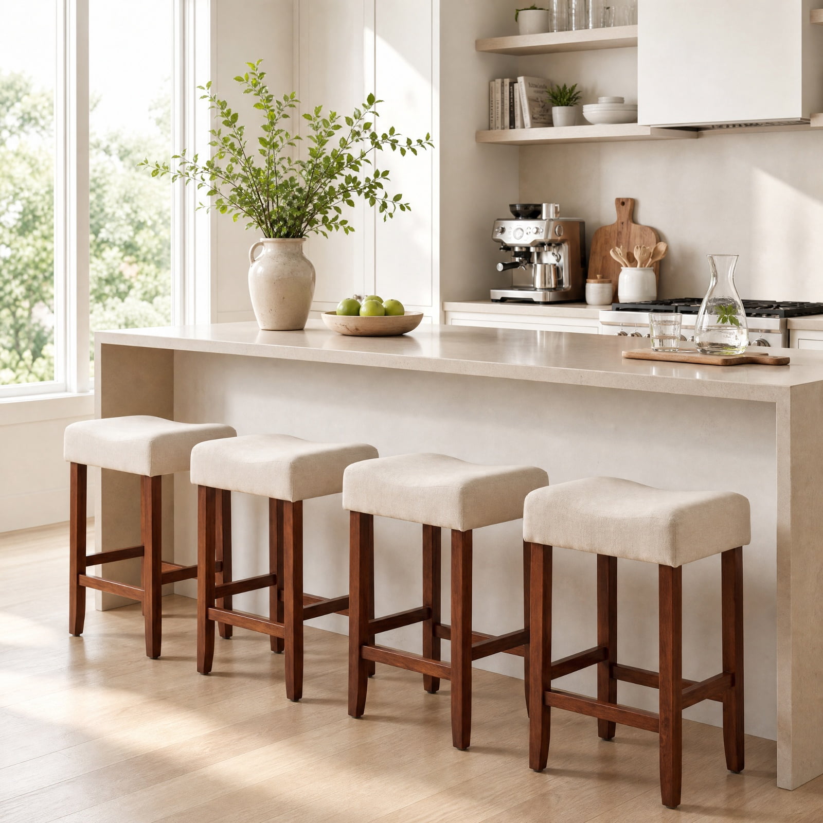Furnibear Set of 2 24 Inch Bar Stool with Curved Seat Cushions-Off White for Kitchen Island Counter Bar Pub Dining Home, Brown