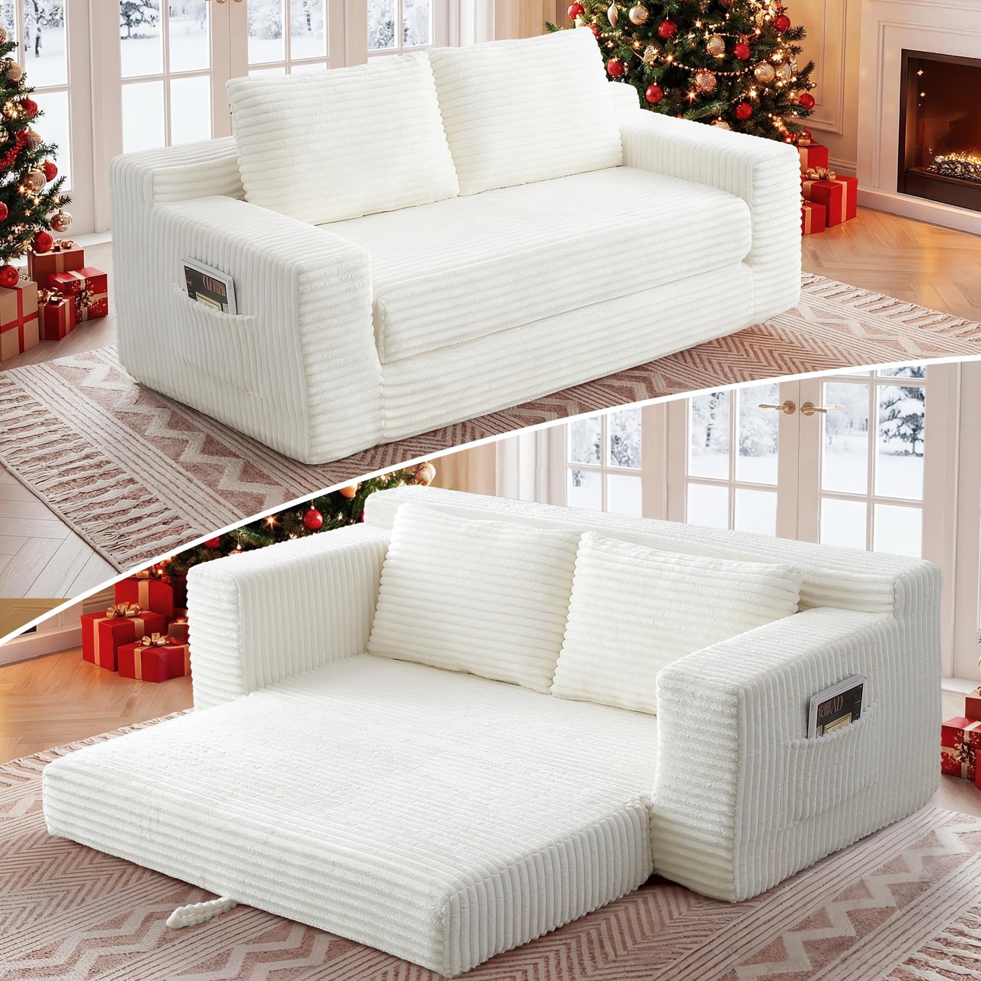 Aukfa 73" Chaise Futon Convertible Sofa Bed Boneless Couch, 2 Pillows&Side Pockets, Queen Size, Corduroy, White
