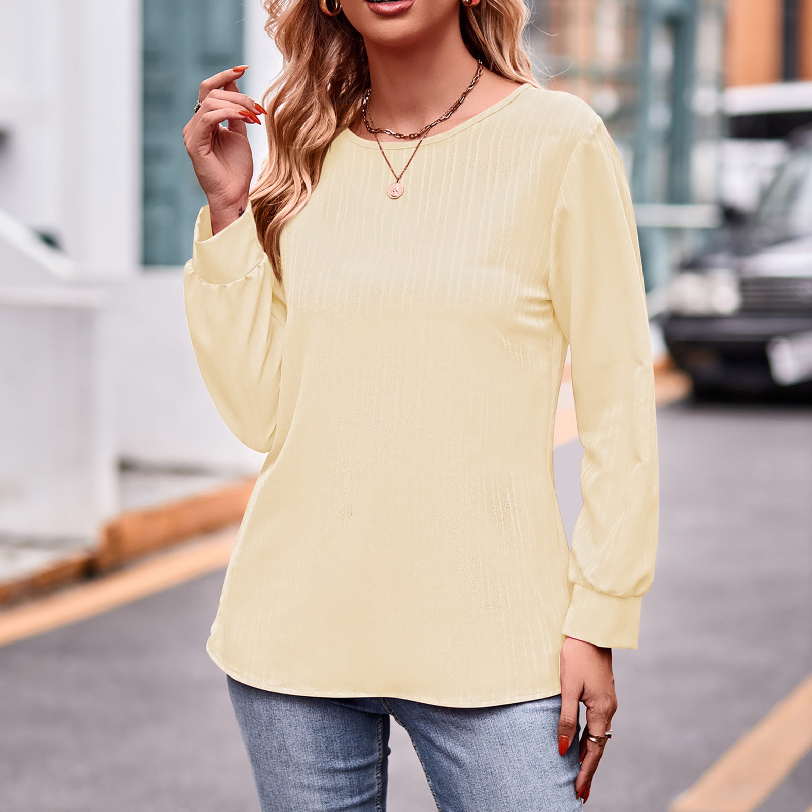 ESSSUT Womens Tops For Casual Women S Trends Casual Solid Color Long Sleeve Round Neck Blouses Shirts Beige Xl Walmart