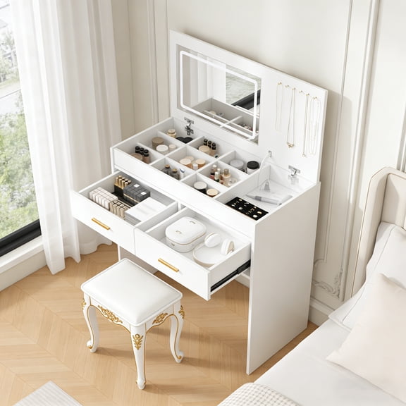 DeepRoar Flip Top Vanity Desk with LED Lighted Mirror & Built-in Outlet - Makeup Vanity Table with 2 Drawers, Open Storage, Hooks for Jewelry (No Stool Included, White)