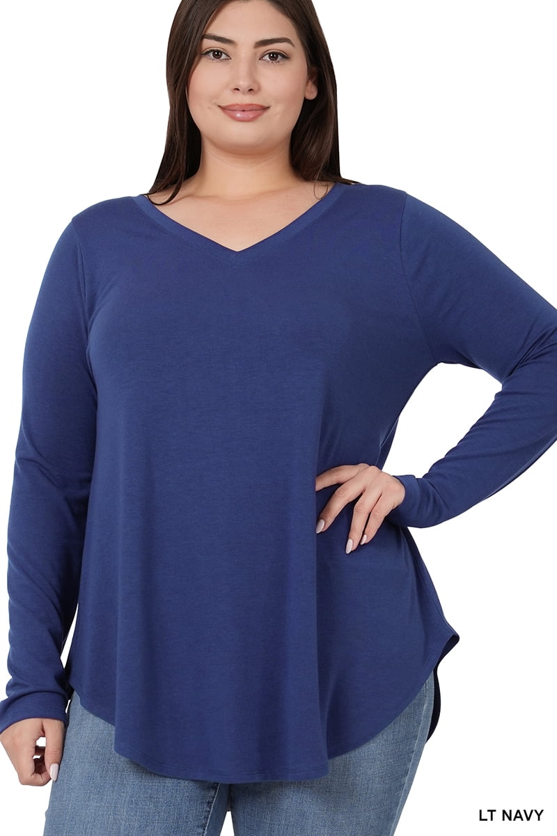 Zenana Women & Plus Relaxed Fit Long Sleeve VNeck Round Hem Jersey Tee