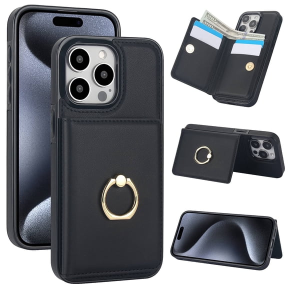 Wallet Case with Card Holder for iPhone 15 Pro Max, 360° Rotation Ring Kickstand Magnetic Clasp and Durable Shockproof Cover